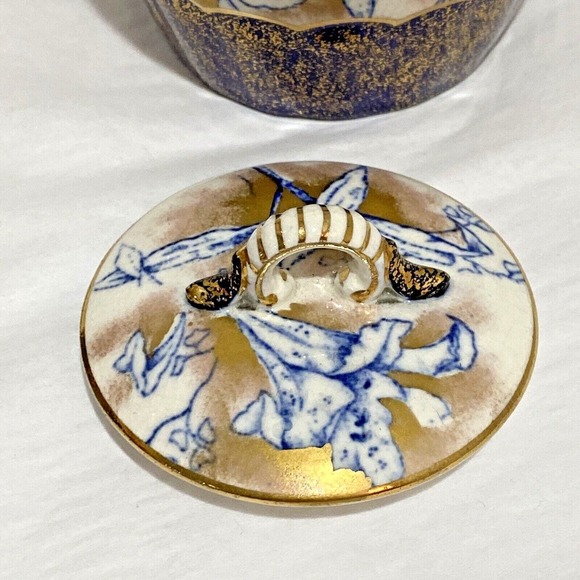 Vintage porcelain creamer & sugar bowl cobalt blue gold highlights unique floral - Picture 8 of 12